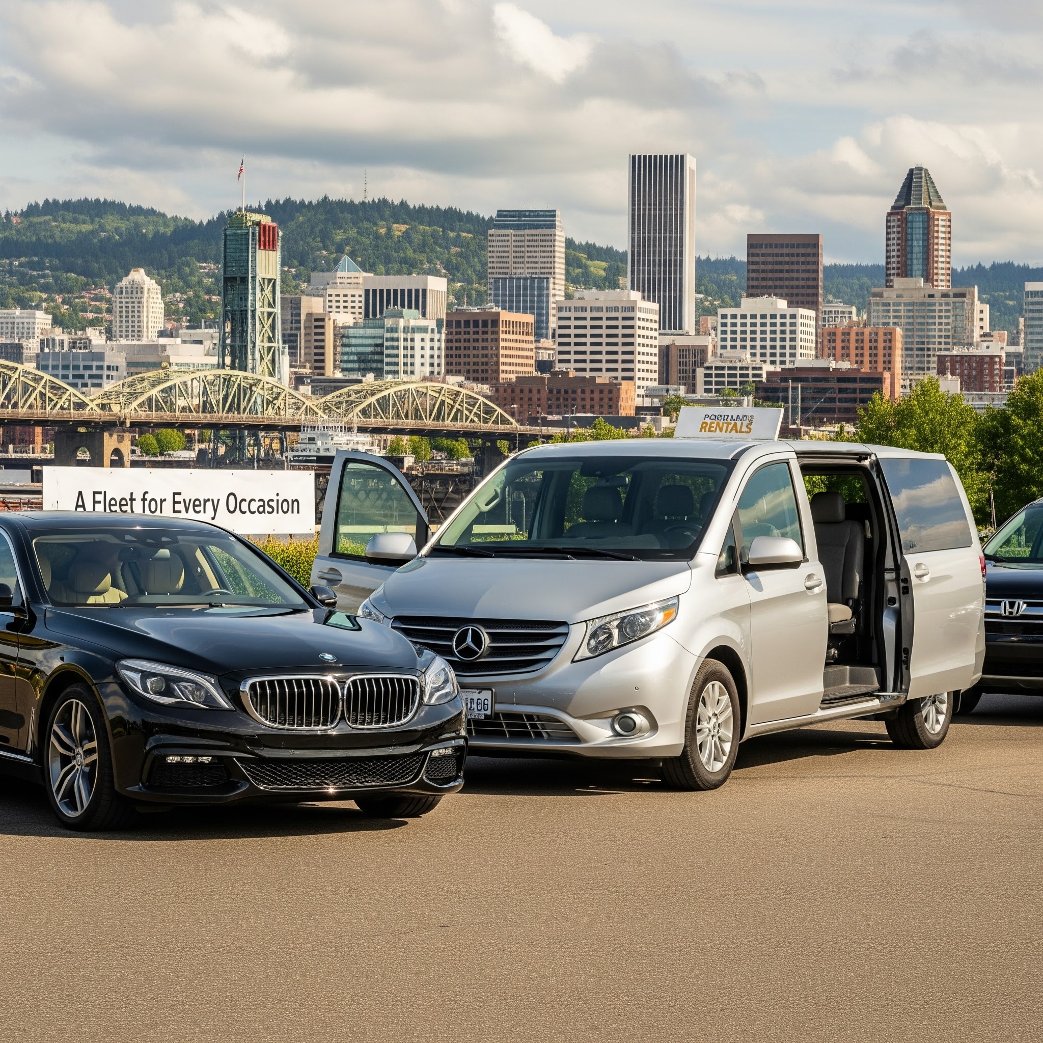 Luxury car parked with a city view